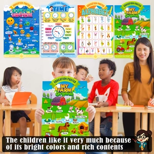 Set of 4 educational posters featuring Space, Time, Alphabet and Farm Animal themes
