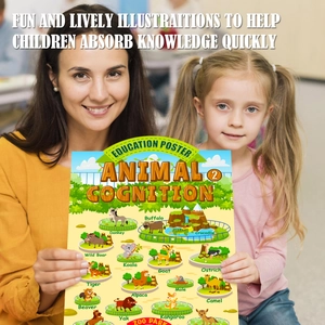 Detail of children's animal cognition poster featuring colorful cartoon illustrations and names