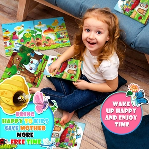 Detailed view of child interacting with insect theme sticker book for early learning