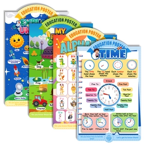Set of 4 educational posters featuring Space, Farm, Alphabet and Time for early learning