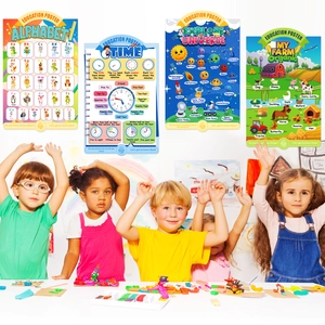 Set of 4 educational posters featuring alphabet, solar system, time, and farm animals