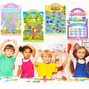 Set of 4 educational posters for kids featuring seasons, family tree, numbers and shapes