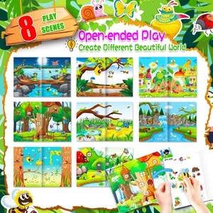 Detail view of eight themed insect sticker book scenes for kids focus training