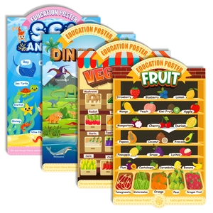 Set of 4 educational posters for kids with fruits, vegetables, sea life, and dinosaurs