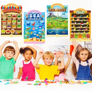 Set of 4 educational posters with cartoon fruits, sea animals, dinosaurs and vegetables