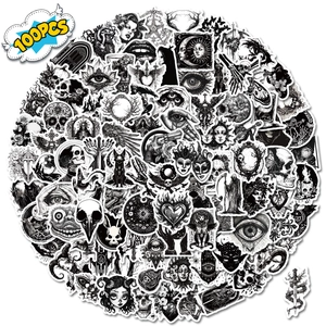 Set of 100 black and white gothic punk stickers for luggage and laptops with dark art motifs
