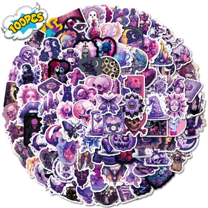 Macro circular layout of 100pcs purple gothic stickers with skull and occult motifs