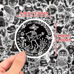 5cm black and white Gothic skull sticker with guitar for laptops and skateboards