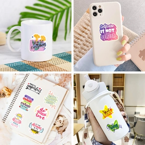 Inspirational English quote stickers applied on mugs, notebooks and phone cases