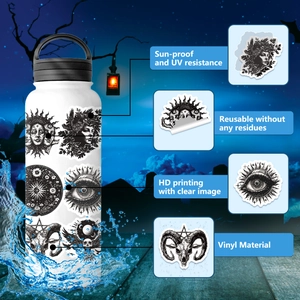 Waterproof vinyl Gothic stickers with sun and moon patterns applied on a white water bottle
