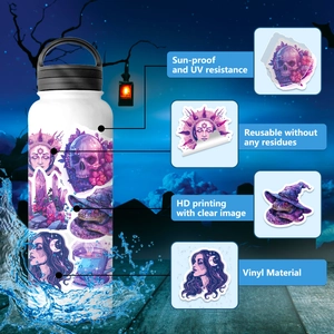 Detail of waterproof purple gothic vinyl stickers with sun and moon patterns for water bottles