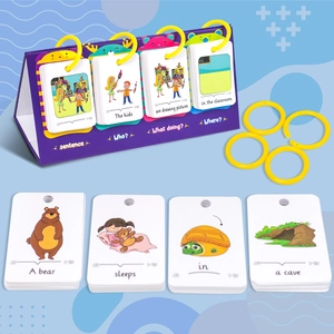 Pädagogisches Englisch-Satzbau-Flipchart mit bunten Lernkarten und lila Tischständer