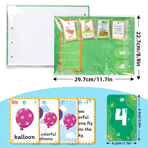 Detailed dimensions of English alphabet learning cards and green hanging storage pouch