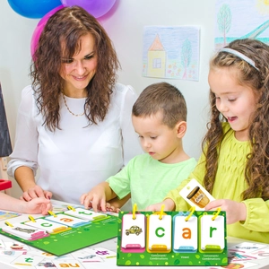 Macro view of phonics flip cards with alphabet tiles and illustrations for kids
