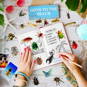 Realistic insect stickers for journaling on notebooks with beach accessories background