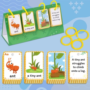 Educational English learning cards with ant theme, green stand and yellow binder rings