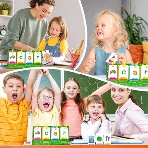 Children using flip chart cards for English phonics learning with colorful illustrations