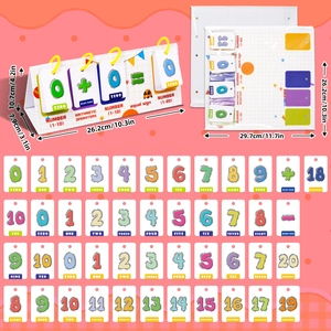 Detailed view of desktop math learning flip charts with number cards and stand dimensions