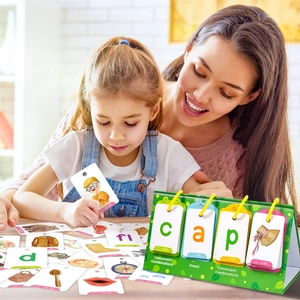 Detail of phonics learning set with green flip chart and colorful alphabet word cards
