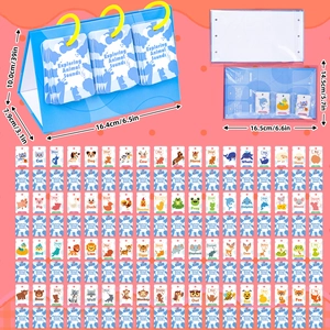 Detail view of educational animal sound cards with dimensions and 3D standing display rack
