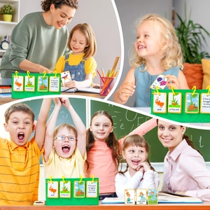 Macro detail of educational English alphabet flip cards with cartoon illustrations