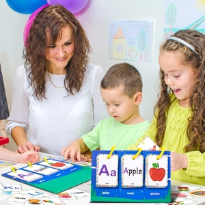 Detail of English alphabet flip cards for kids with letters, words and pictures