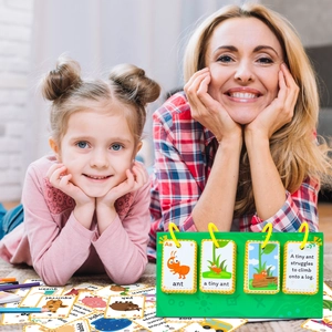 Close-up of kids learning cards set with green stand and vibrant animal illustrations