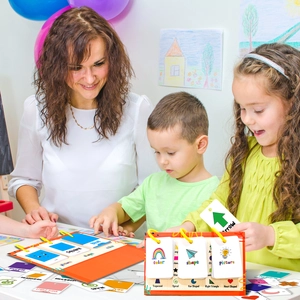 Detailed educational flip chart showing color and shape flashcards for early childhood learning