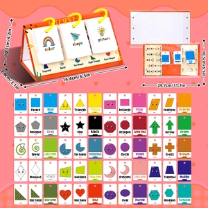 Educational flip chart showing shapes and colors with English words and dimensions