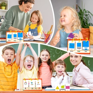 Educational flip cards showing shapes and colors with kids in learning scenes