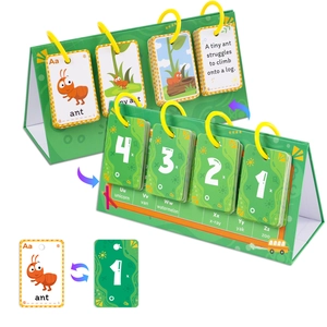 Detail of English alphabet learning cards showing letter Aa, ant word, and green flip stands