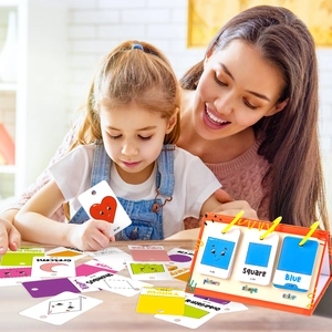 Educational flip chart showing a mother and daughter learning colors and shapes at home