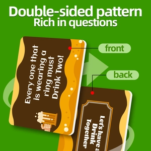 Close-up of double-sided drinking game cards with rich patterns and challenges