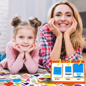 Toddler learning flashcards with colorful shapes and English words on a spiral stand