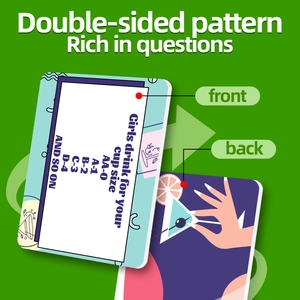 Close-up of double-sided card game showing drinking rules and martini glass illustration
