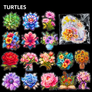 Holographic flower stickers set with sunflower and rose patterns in clear packaging