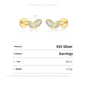 Détail des boucles d'oreilles feuille en argent 925 avec zircons et dimensions