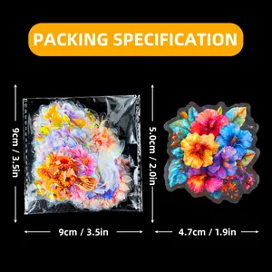 Size chart for colorful laser floral PET stickers showing 9x9cm pack dimensions and scale