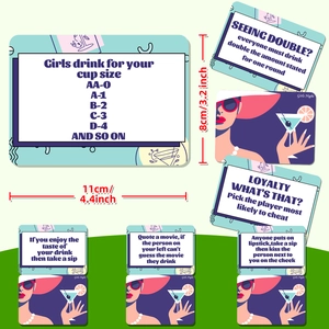 Detailed size specifications for Girls Night party game cards measuring 4.4 by 3.2 inches