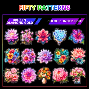 Laser flower PET stickers with broken diamond gold effect for DIY crafts 50 patterns
