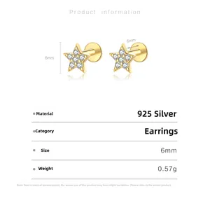Détails des boucles d'oreilles étoile 6 mm en argent 925 doré avec zircons blancs