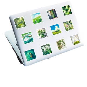 Set di adesivi quadrati verdi a tema natura per laptop con paesaggi e motivi botanici
