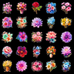 25pcs holographic floral PET stickers with colorful flower designs for DIY scrapbooking