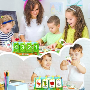 Detail of phonics learning stand with interactive colorful flip cards and illustrations