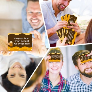 Detail of English social drinking game cards with vibrant party challenges and patterns