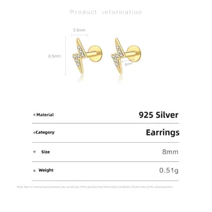Détail de boucles d'oreilles éclair dorées avec spécifications de 8,5 mm et 0,51 g
