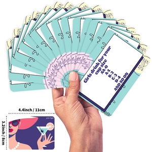 50 English Girls Night party drinking game cards with teal borders and dimensions