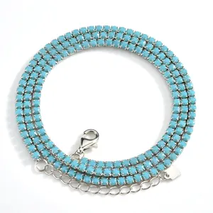 Collier rétro en argent sterling S925 avec perles rondes turquoise éclatantes
