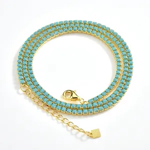 Collier Bracelet Tennis en Argent Sterling S925 Avec Turquoise Rétro Femme Plaqué Or Blanc 18k Chaîne à Griffes Bijoux Cadeau Anniversaire
