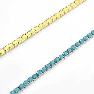 Parure bijoux rétro en argent S925 avec chaînes turquoise et maillons carrés dorés